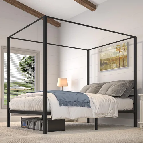 Vista 12 de YITAHOME Marco de cama de metal con dosel de cuatro pósteres, plataforma de cama de 14 pulgadas con cabecera incorporada, soporte de colchón