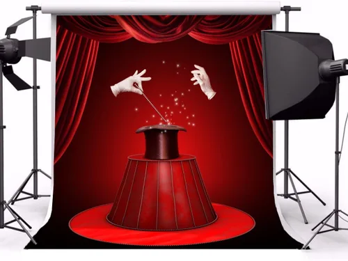 Vista 2 de Yeele Fondo de espectáculo mágico de 10 x 10 pies para fotografía, cortina roja de circo, guantes blancos, sombrero negro, fondo de teatro, mago