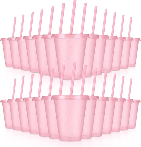 Vista 9 de 24 Piezas Vasos de Plástico con Tapas y Pajitas, Vasos Reutilizables con Tapas Vasos Coloridos de Plástico para Fiesta de Cumpleaños, Taza de Café