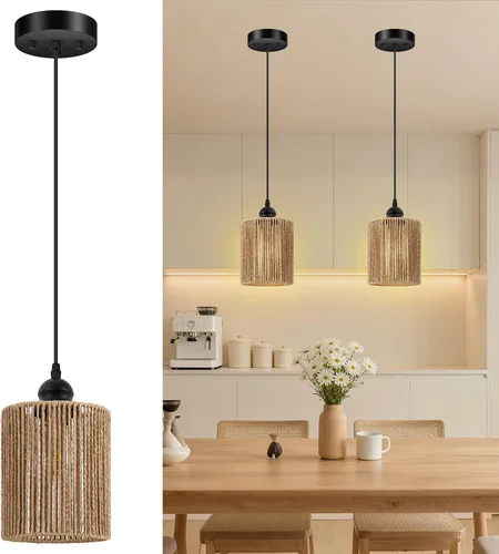 Vista 11 de BoostArea Luces Colgantes de Ratán para Isla de Cocina, Candelabro de Estilo Rústico con Pantalla de Mimbre Tejida a Mano, Luz Colgante Bohemia