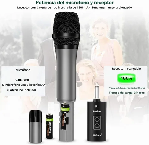 Vista 5 de Micrófono inalámbrico con Bluetooth, sistema de micrófono de metal dinámico de mano dual UHF profesional con receptor recargable, rango de 160 pies