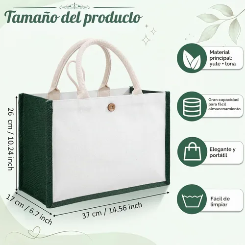 Vista 3 de 12 bolsas de yute de arpillera, bolsas de playa con asas, reutilizables, impermeables, bolsa de compras en blanco, bolsa de regalo de lona