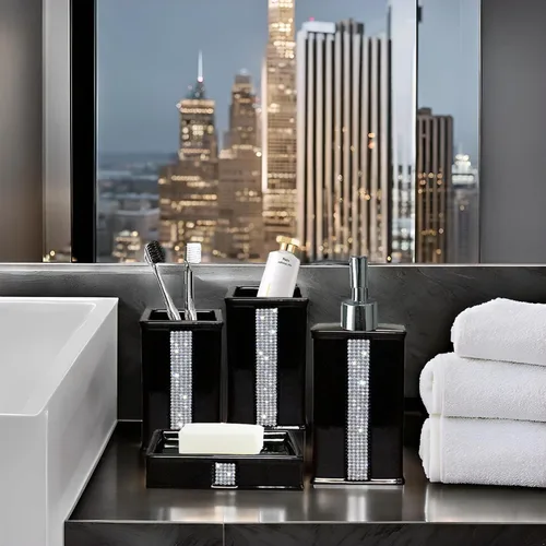 Vista 2 de Juegos de Accesorios de Baño para Baño, Juego de Dispensador de Jabón de Baño Negro, Bomba Dispensadora de Líquido de Cerámica, 2 Vasos Tumbler