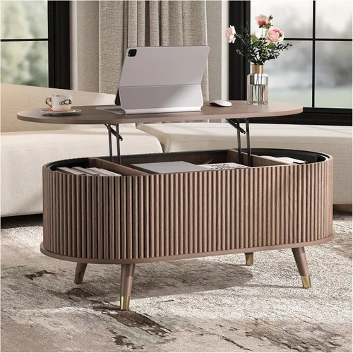 Vista 18 de SULIVES Mesa auxiliar ovalada con almacenamiento, mesa de centro multifuncional con tambor elevable, pequeña mesa central acanalada para sala