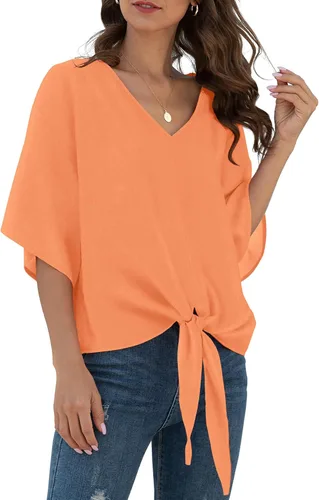 Vista 34 de VIISHOW Womens Tie Front Chiffon Blouses V Neck Batwing Short Sleeve Summer Tops Shirts Albaricoque