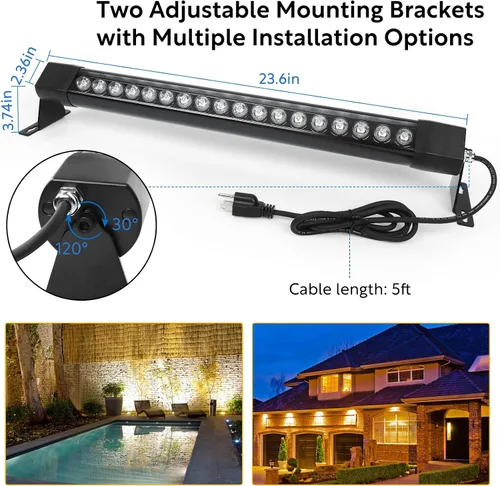Vista 4 de HNRLOY Paquete de 2 lámparas de pared de 36 W, 4000 K, luz blanca natural para pared, 2 pies, 120 V, barra de luz LED lineal para exteriores