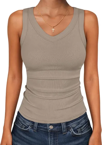 Vista 9 de ANRABESS Camisetas sin mangas para mujer, cuello en V, punto acanalado, ajustadas, sin mangas, básicas, ropa casual de verano 2026 Negro