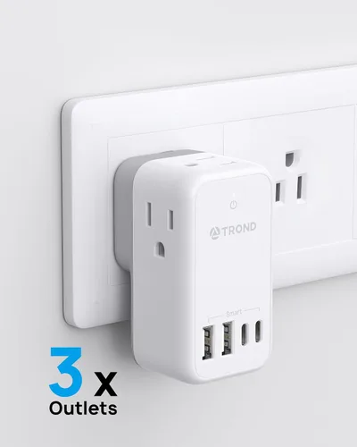 Vista 3 de TROND Toma de pared de enchufe múltiple, extensor de salida con enchufe giratorio de 360°, divisor de 3 salidas de CA con 4 puertos USB (2 USB C)