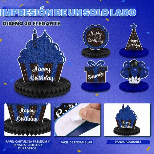 Vista 6 de Yexiya 8 piezas de centro de mesa de cumpleaños azul y negro, centros de mesa de panal de abeja de feliz cumpleaños, centros de mesa de panal