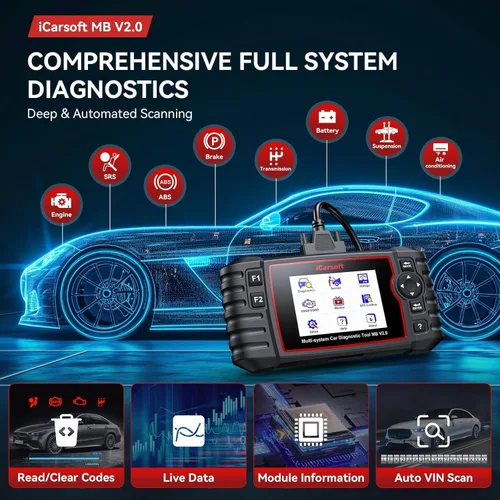 Vista 2 de iCarsoft MB V2.0 OBD2 escáner herramienta de diagnóstico para Benz/Sprinter/lector de código de sistema completo inteligente con 9 restablecimientos