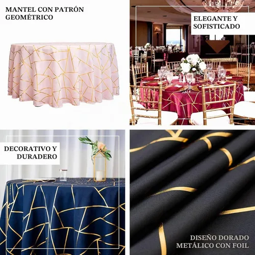 Vista 3 de Efavormart - Mantel redondo de poliéster de 120 pulgadas con patrón geométrico dorado Negro