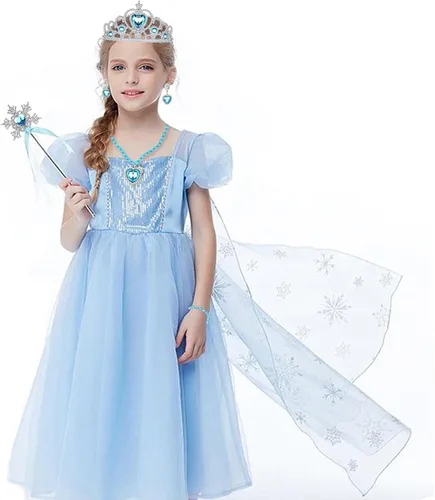 Vista 5 de FUMY Juego de accesorios de princesa Elsa para niñas con disfraz de princesa, guantes, collar, aretes, pulsera y anillo de regalo