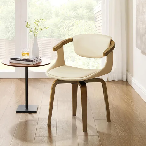 Vista 16 de Zouron Silla de escritorio giratoria sin ruedas, silla de oficina moderna de mediados de siglo, silla de comedor Boucle con patas de madera, silla
