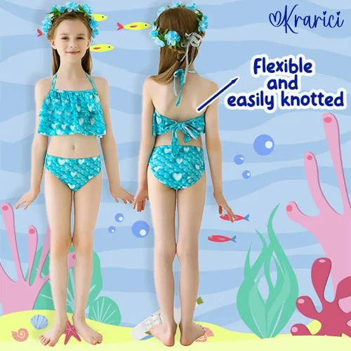 Vista 3 de Krarici Traje de baño de cola de sirena de 4 piezas traje de baño de cola de natación traje de cosplay para niñas y niños sin monoaleta