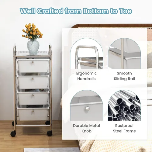 Vista 6 de COSTWAY Carrito de almacenamiento rodante con 4 cajones, carrito de almacenamiento de plástico y organizador con 4 cajones extraíbles, carrito