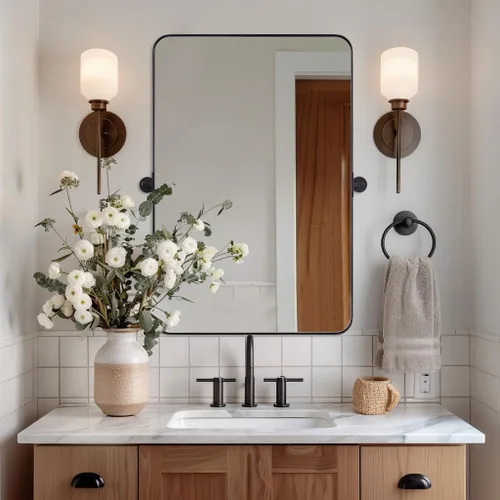 Vista 12 de Espejo giratorio Moon Mirror de oro cepillado, espejo inclinable de latón para tocador rectangular para baño, medidas totales 24.33 x 28 pulgadas
