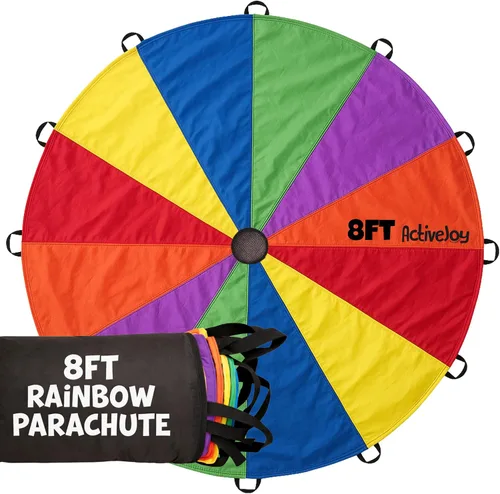 Vista 11 de Activejoy - Paracaídas para niños - 8 pies/12 pies/20 pies / 24 pies - Juguete de paracaídas arcoíris con asas - Ideal para clases de gimnasio, día