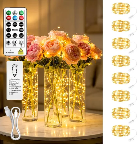 Vista 22 de Paquete de 4 50 luces LED que funcionan con pilas con temporizador de bricolaje, cadena de luces recargables de 16 pies para interiores, 8 modos