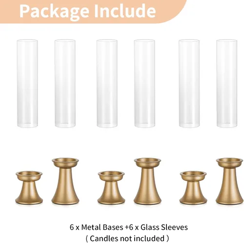 Vista 5 de NUPTIO - Candelabro dorado para centro de mesa: juego de 6 portavelas Hurricane cónicos con funda de cilindro de vidrio - soportes de velas a granel