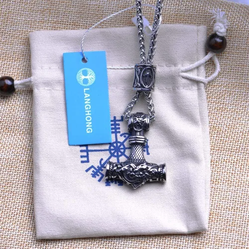 Vista 6 de LANGHONG Collar de martillo de Thor vikingo nórdico collar Mjolnir para hombre joyería de talismán