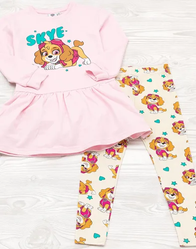 Vista 3 de Paw Patrol Conjunto de vestido y leggings para niñas pequeñas Skye Rescue Pup Pink Sweat Jumper Pantalones crema