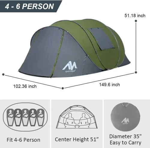 Vista 3 de 6 Person Easy Pop Up Tents for Camping - AYAMAYA Double Layer Waterproof Instant Tent with Vestibule & Porch, Large Size Family Tent Automatic Setup