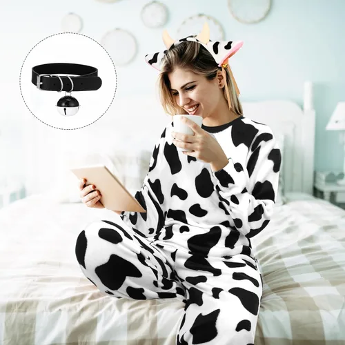 Vista 6 de Conjunto de disfraz de vaca de Halloween para mujer, pijama de vaca con orejas de vaca con colas de cuerno, gargantilla de campana, etiqueta