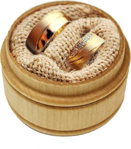 Vista 4 de Caja de anillos grabada personalizada, caja de boda con soporte de anillos de madera redonda rústica personalizada