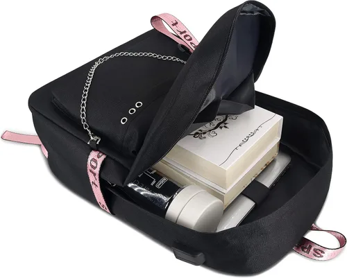 Vista 6 de Roffatide Anime Kirby - Mochila escolar para computadora portátil con puerto de carga USB y puerto para auriculares