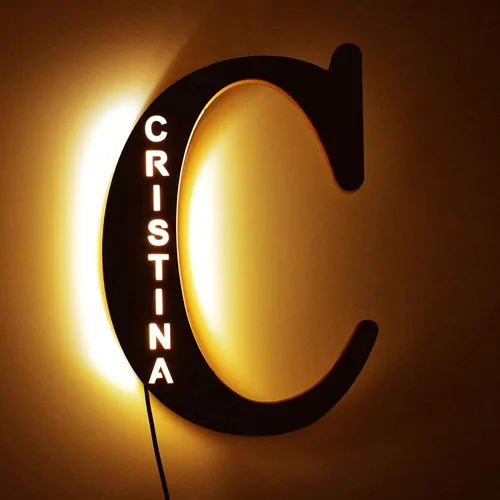 Vista 14 de Luz nocturna LED personalizada, letra inicial de madera grabada con nombre para familiares amigos, alfabeto, dormitorio, boda, Navidad, Halloween y j