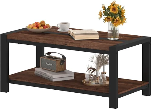 Vista 9 de BON AUGURE Mesa auxiliar para sala de estar, mesas industriales de madera y metal, mesa central rectangular de granja (roble rústico, 43 pulgadas)