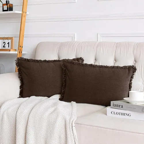 Vista 11 de Paquete de 2 fundas de almohada de lino con borlas con flecos decorativas rústicas naturales para cojín de sofá, sofá, dormitorio 16 x 16 pulgadas