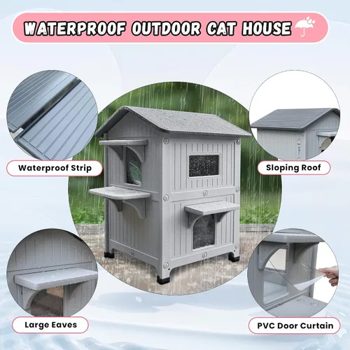 Vista 9 de Casa de plástico para gatos al aire libre – Casa para gatos para exteriores con forro aislante para invierno, 100% resistente a la intemperie