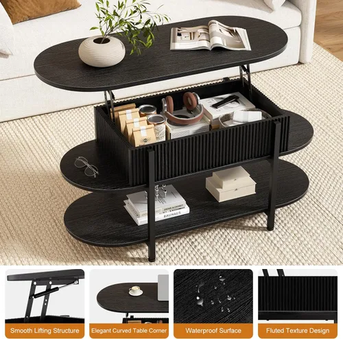 Vista 4 de FABATO - Mesa de centro oval de 41.7" con parte superior elevable, mesa central de madera estriada con almacenamiento oculto, mesas pequeñas de 3
