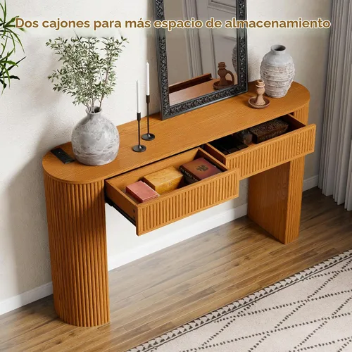 Vista 5 de Mesa consola acanalada de 55 pulgadas con 2 cajones y luces LED, mesas de entrada con estación de carga, mesa de sofá estrecha detrás del sofá, mesa