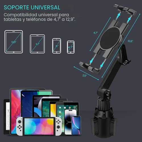 Vista 3 de Soporte para tablet con portavasos para coche, soporte ajustable de 360° de 15" de largo con 2 brazos para iPad Pro 12.9/11/10.5/9.7/Air/Mini 6/5/4