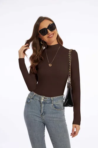 Vista 19 de Zephyrine Camisa ligera de manga larga para mujer, cuello alto, ligera, ajustada, capa base