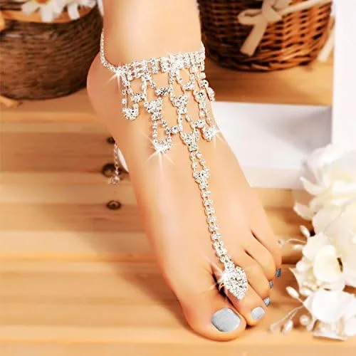 Vista 6 de Tobilleras de cristal artificial para mujer, sandalias descalzas para playa, boda, tobillo