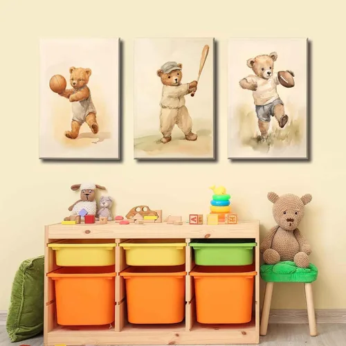 Vista 4 de 3 Piezas Arte de Pared en Lienzo de Animales Osito de Peluche Deportivo para Cuarto de Bebé Lindo Oso Bebé del Bosque Rugby Decoración de Pared
