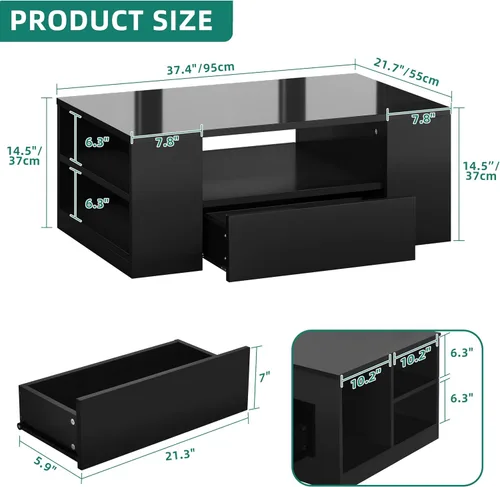 Vista 2 de Mesas de centro LED modernas YITAHOME para sala de estar Wood Center Table with 2 Storage Drawers, Open Shelves, High Gloss Finish, LED Lighting