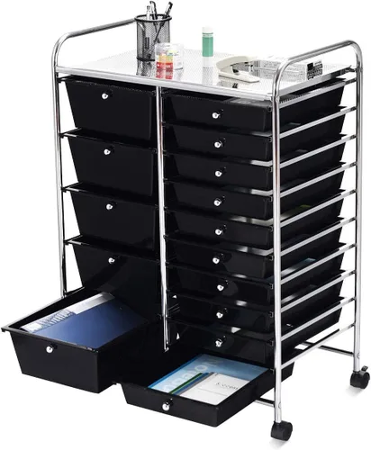 Vista 8 de Carrito de almacenamiento rodante de 15 cajones, carrito de utilidad móvil con ruedas con candado, cajones, carrito organizador multiusos para Negro