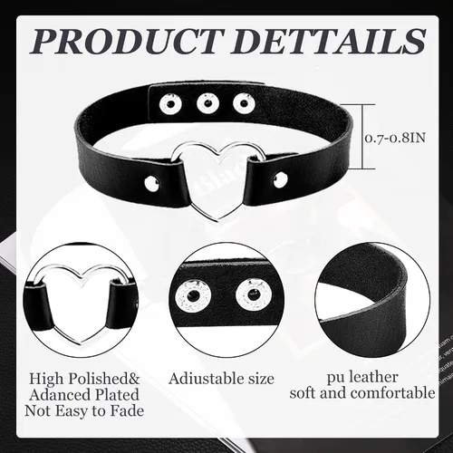 Vista 5 de UBGICIG Gargantilla negra de piel sintética para mujer, gargantilla gótica punk ajustable, collar de corazón de roca, accesorio de disfraz