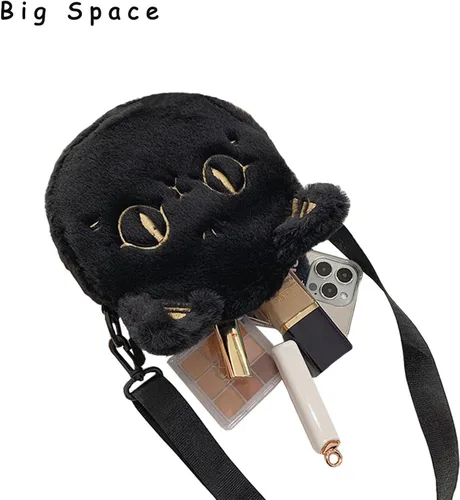 Vista 2 de GADMEXILY Bolso de peluche para niñas con diseño de gato negro, con correa ajustable, para el hombro, para mujeres y adultos, Negro, Women