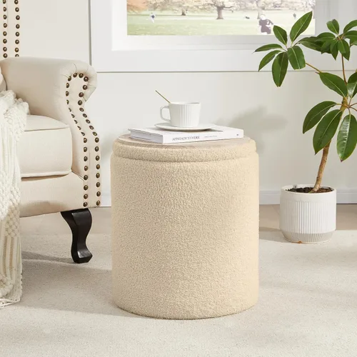 Vista 3 de Royal Windsor Boucle - Juego de 2 otomanas redondas con almacenamiento, taburete pequeño para sala de estar, mesa de centro pequeña, taburete