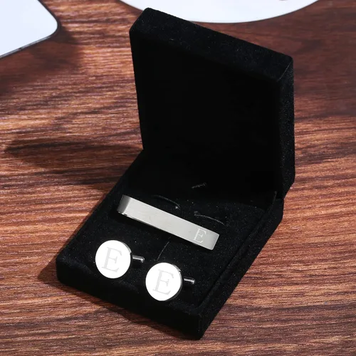 Vista 13 de LOYALLOOK - Gemelos de acero inoxidable grabados con inicial y clip de corbata, diseño de letras del alfabeto con caja de regalo, A-Z