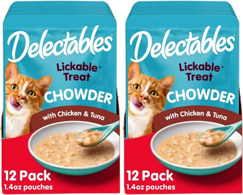 Vista 12 de Hartz Delectables Chowder - Golosinas húmedas para lamer para gatitos, gatos adultos y adultos mayores, pollo y atún, 1.4 onzas (paquete de 12)