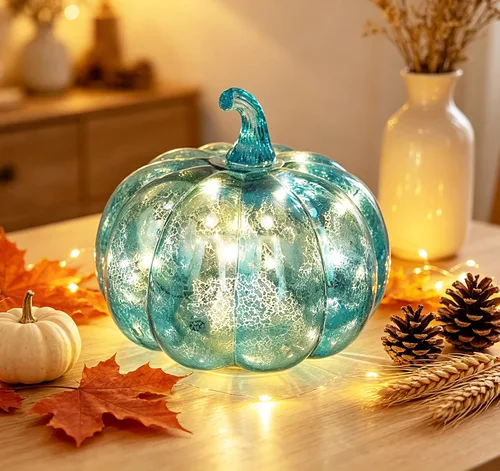 Vista 6 de Fall Decorations for Home,Mercury Glass Pumpkin Lights with Timer(Blue)