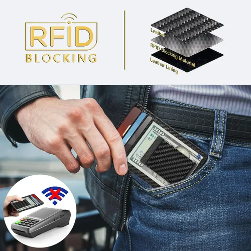 Vista 3 de Travelambo Clip para dinero para hombre, de piel, delgado, minimalista, con bloqueo RFID (tejido negro), Tejido negro, Minimalista