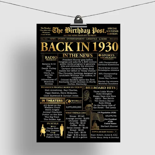 Vista 5 de Stuff4 Póster Dorado del 96º Cumpleaños Sin Marco - Periódico Dorado Nacido en 1930 - Feliz 96 Cumpleaños para Hombres y Mujeres Regalos Retro