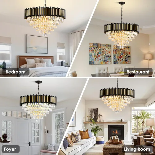 Vista 5 de Candelabro moderno de cristal negro y dorado de 15 luces para comedor, sala de estar, redondo, 6 niveles, contemporáneo, colgante de techo, lámpara